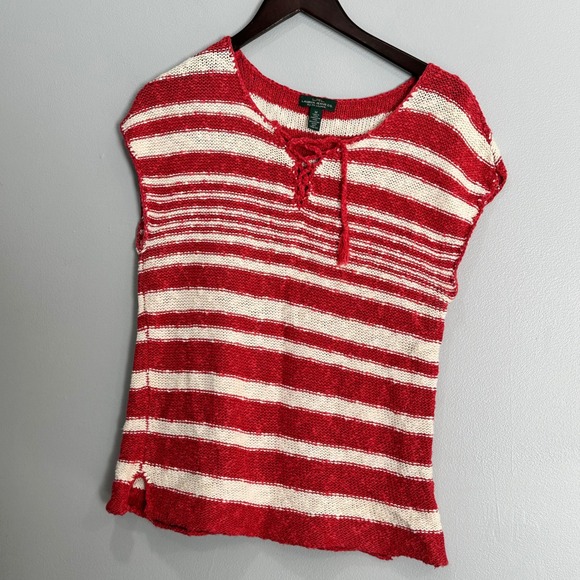 Ralph Lauren Sweaters - LRL Ralph Lauren Striped Knit Top Sleeveless Lace Up Red Cream Women's M‎